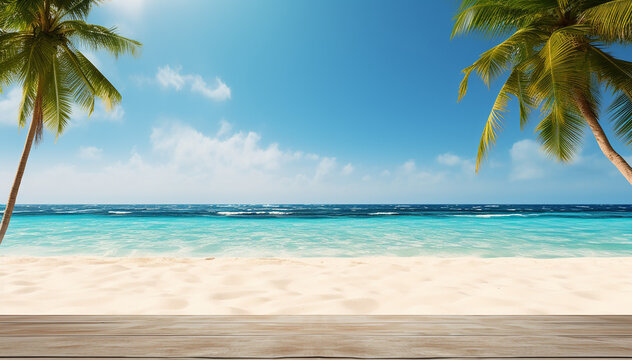 Summer white sand beach background. Framed copy space with palm trees and beautiful sea ocean landscape. Summertime holidays vacation. Luxury honeymoon trip to island beach resort. Tropical traveling.