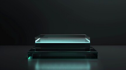 Stylish glass pedestal stage or platform on a black background Mockup scene made with acrylic blocks as a template for product presenation Stylish backdrop for advertisement : Generative AI