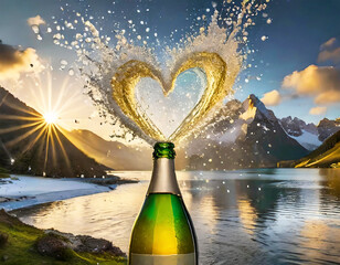 Champagne splashing in a heart shaped with winter lake view in the backdrop
