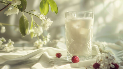 A glass with milk on a home background. White liquid in a glass.