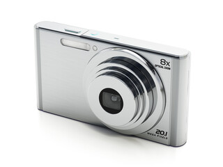 Digital compact camera isolated on white background. 3D illustration - obrazy, fototapety, plakaty