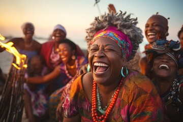 Fototapeta premium Laughing Caribbean woman, wearing a colorful kaftan and beaded jewelry, their face lit up with laughter as they share a moment of joy with friends at a beach bonfire
