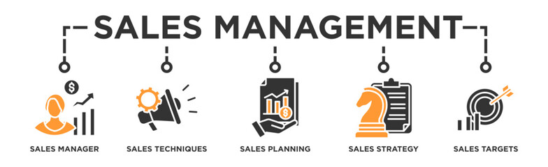 Sales management banner web icon illustration concept with icon of manager, sales techniques, planning, strategy, and targets