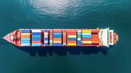 Aerial view of container ship in import export and business logistic. Trade Port, Shipping. Cargo to harbor. Water transport. International. Shell Marine.
