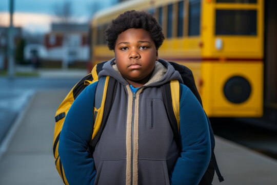 Photography a sad overweight boy, 12 years old, of African American background, standing alone by a school bus stop, clutching his backpack