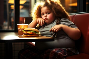 A tearful overweight girl, 7 years old, of mixed race, sitting on the stairs of a fast-food restaurant, holding a half-eaten burger