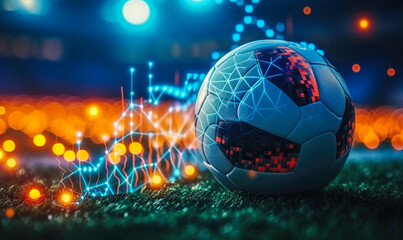 Dynamic soccer ball on field with digital analysis graphics, depicting sports data analytics and the technological intersection of physical sports and data - obrazy, fototapety, plakaty