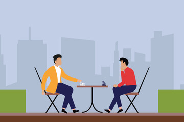 Male young people playing chess outdoors against cityscape background vector illustration