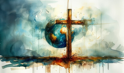 Watercolor painting of Earth cradled by a Christian cross, representing global faith, spirituality, world religions, and the intersection of art and belief