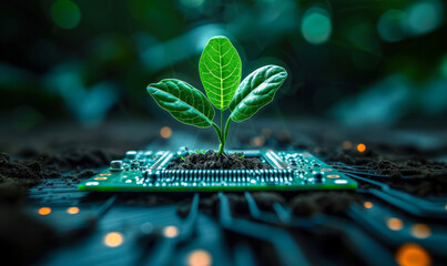 Sustainable Technology Concept with a Young Plant Growing from a Circuit Board, Symbolizing Eco-Friendly Innovation and Green Tech Solutions - obrazy, fototapety, plakaty
