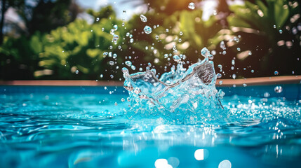 Naklejka na ściany i meble A splash of refreshing water leaps from a crystal-clear pool, captured mid-air, showcasing the essence of vitality and the pure joy of a carefree summer day