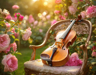Violin on an antique chair in the gorgeous blooming roses garden