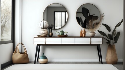 A minimalist and well-designed entryway with a stylish console table, decorative mirror, and organized storage.