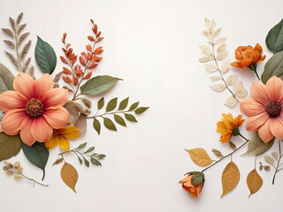 Autumn flowers and leaves on white background. Flat lay, top view.