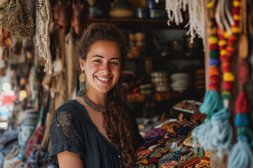Fototapeta na wymiar Smiling young businesswoman woman. Pictured in her shop