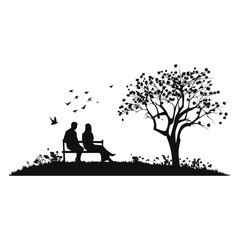 set of Illustrate a silhouette of a couple enjoying a picnic in a scenic park with bird and flowers
