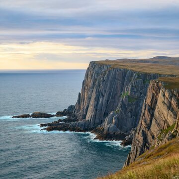 A long rocky cliff jutting out into the sea. Wonderful panoramic mountain landscape on the Barents sea