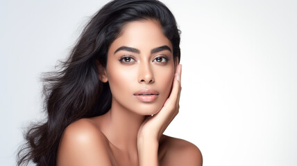 Naklejka premium Beautiful indian woman face and body with hands on her face. Close up girls face. Skin care beauty treatments concept.