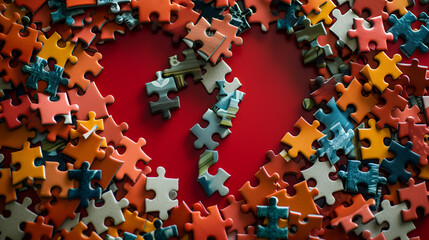 Puzzle Pieces and Question Mark Forming Heart. Colorful jigsaw puzzle pieces and a white question mark shape heart on red background, representing love's complexities. generative ai