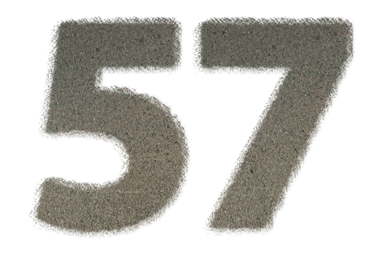 The shape of the number 57 is made of sand isolated on transparent background. Suitable for birthday, anniversary and Memorial Day templates