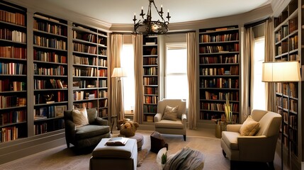 A tastefully decorated home library with built-in bookshelves, a cozy reading corner, and elegant lighting.