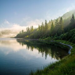Silhouettes of pointy fir tops on hillside along mountain lake in dense fog. - obrazy, fototapety, plakaty