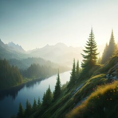 Silhouettes of pointy fir tops on hillside along mountain lake in dense fog.