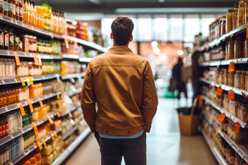 A male person examining food labels closely at the grocery store, ensuring compliance with New Food Restrictions set by the FDA, with a focus on health-conscious shopping habits