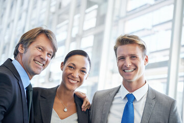 Portrait, hug or business people with teamwork, legal aid or cooperation with confidence or...