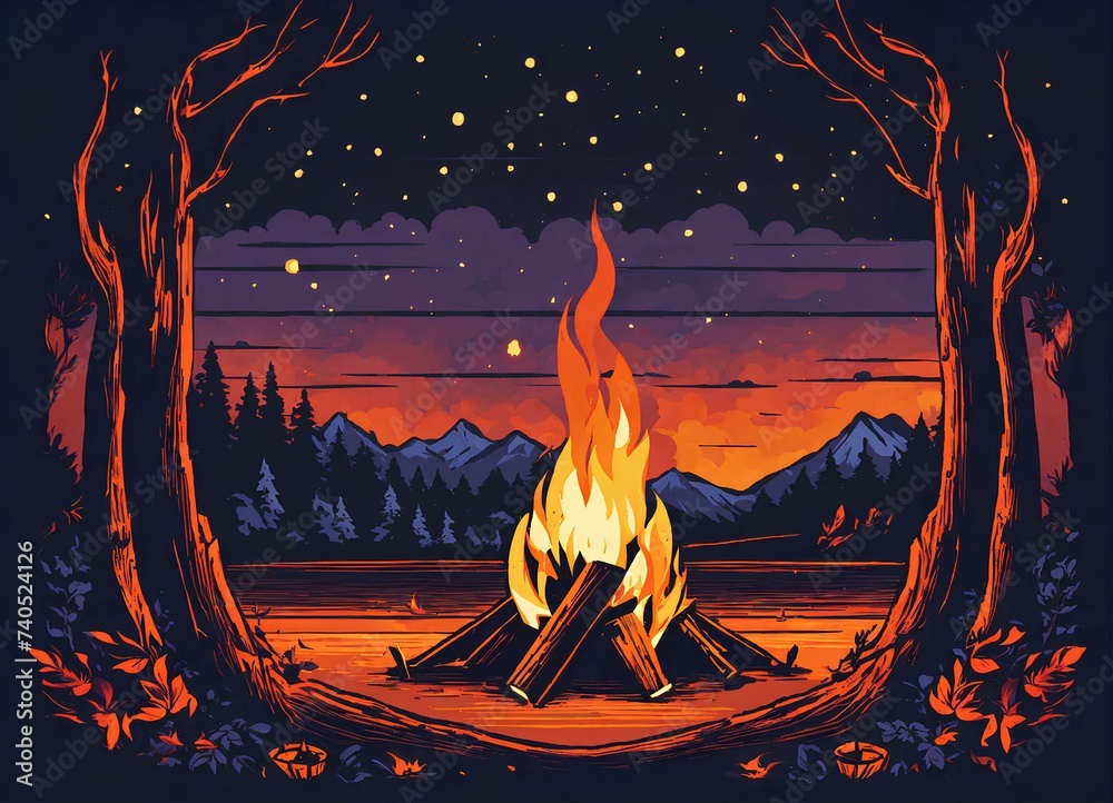 Wall mural キャンプ場でくつろぐイメージのイラスト素材、キャンプファイヤー｜In this page, We offer the clip art of relaxing in a campground, campfire. Generative AI