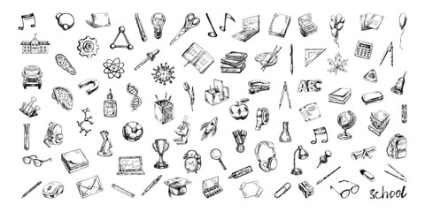 Back to School, hand drawn school supplies - big sketch set. Doodle lettering and school object collection. Education Concept. Vintage sketch element. Vector illustration. Back to School.
