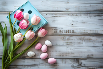 top view wooden box full of Easter eggs and tulips in pastel colors on wood background. free space