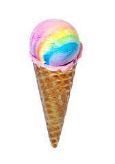 Scoop of Rainbow Colored Ice Cream Cone Isolated on Transparent Background, PNG File	