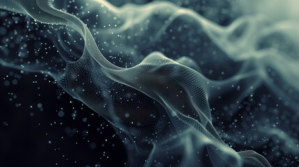 Digital particles forming intricate patterns against a backdrop of smoky gradients
