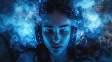 female woman wearing headphones and listening to music, explosive and chaotic