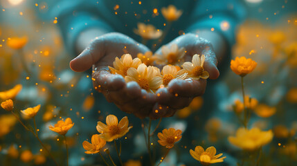 Hands holding yellow flowers