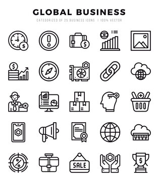 Global Business Icons Pack Lineal Style. Vector illustration.