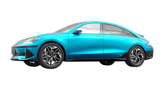 Chicago. USA. December 28, 2022. Hyundai Ioniq 6 2023. Ultra progressive electric sedan for people who love technology. car on a transparent isolated background. 3d illustration