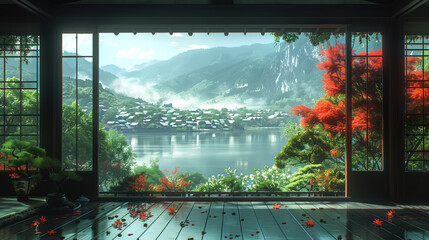 japanese room with mountain village background - obrazy, fototapety, plakaty