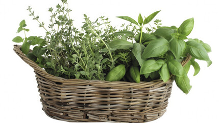 Fototapeta premium A basket overflowing with a variety of herbs including fragrant basil savory thyme and pungent rosemary each sprig bursting with vibrant green life.