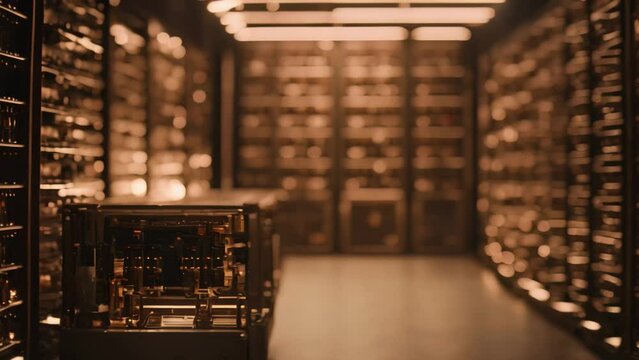Neatly organized wine bottles fill the room, the camera revealing a vast collection of diverse varieties, Abstract representation of a supercomputer processing complex algorithms, AI Generated