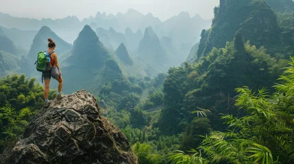 Papier Peint photo Guilin An adventurous woman conquers a high karst cliff in Guilin, China, Ai Generated Images