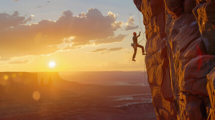 An extreme athlete conquers a high cliff in the Valley of the Gods, while the setting sun creates a...