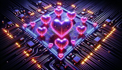 Digital Love Exploring Futuristic Romance on Circuit Board Blending Technology and Emotion