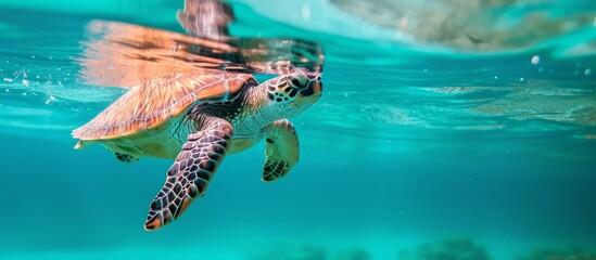 A green sea turtle leisurely swims underwater in the aqua fluid of the ocean, showcasing marine biology in a peaceful aquatic recreation event
