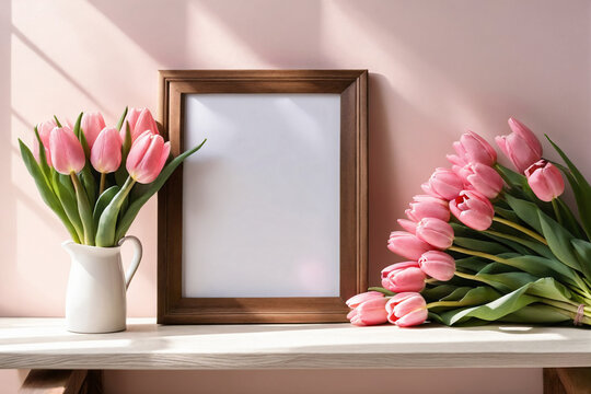 Blank picture frame mockup. Wooden bench, table composition. Spring bouquet of pink tulips, white daffodils - Mockup