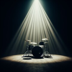 A musical instrument: drum set, sits on alone on stage ready to play, under a strong single spotlight - obrazy, fototapety, plakaty