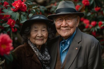 Obraz premium Elderly Couple Posing in Flower Gardens