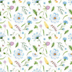 seamless pattern with wild flowers,pansies, daisies, clover, cornflower are watercolor hand drawn illustrations