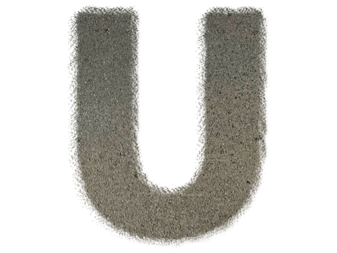 Letter U shape made of sand, isolated on PNG transparent background, suitable for template design